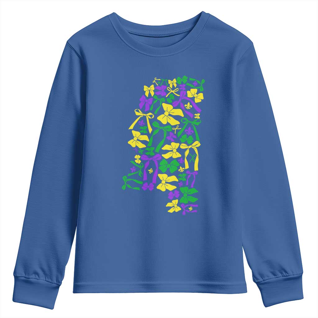 Funny Mardi Gras Mississippi Map Coquette Bow Youth Sweatshirt TS11 Royal Blue Print Your Wear