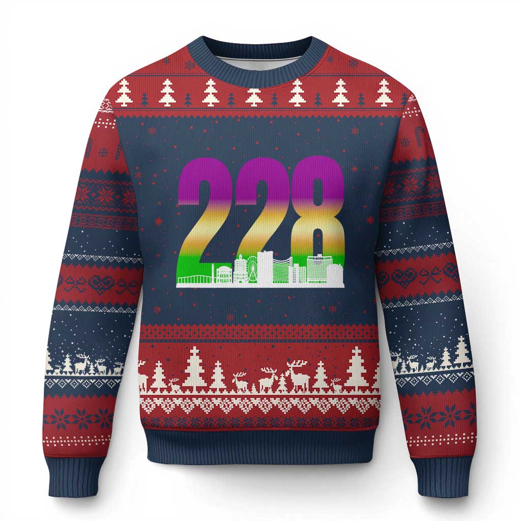 Funny Mardi Gras In Biloxi Mississippi Ugly Christmas Sweater 228 Skyline Area Code TS11 Navy Red Print Your Wear