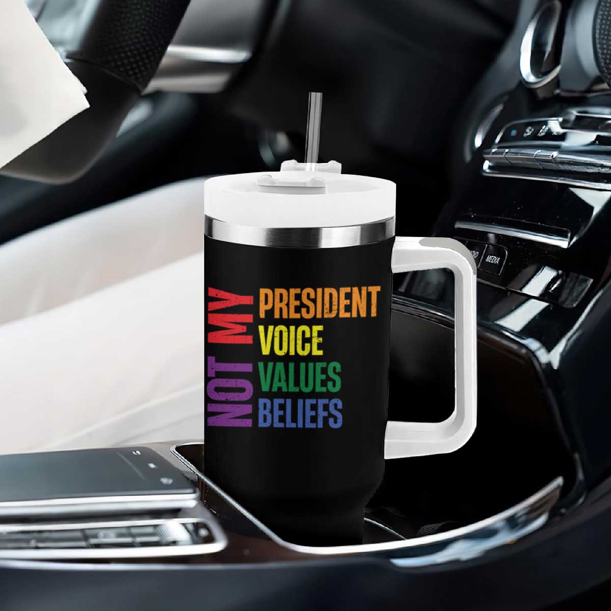 Not My President Not My Voice Not My Values Not My Beliefs Tumbler With Handle Vintage Rainbow Text TS11 Print Your Wear