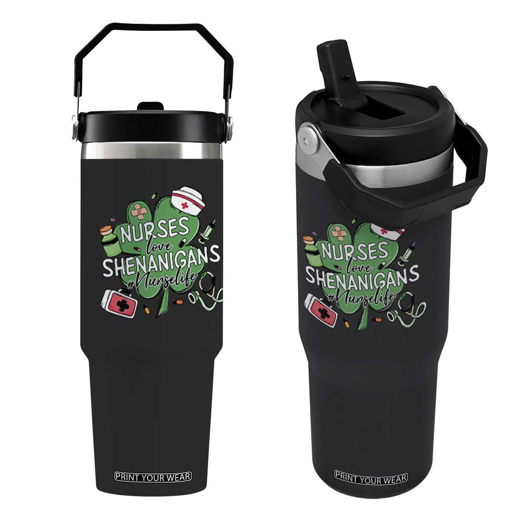 Funny St Patrick's Day Nurse Flip Straw Tumbler Nurses Love Shenanigans Nurse Life Shamrock TS11 One Size: 30 oz Black Print Your Wear
