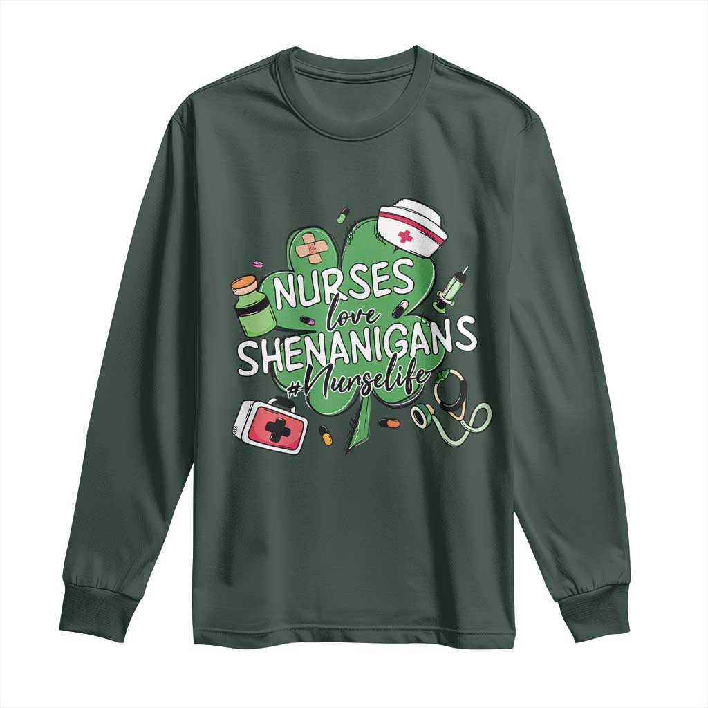Funny St Patrick's Day Nurse Long Sleeve Shirt Nurses Love Shenanigans Nurse Life Shamrock TS11 Dark Forest Green Print Your Wear