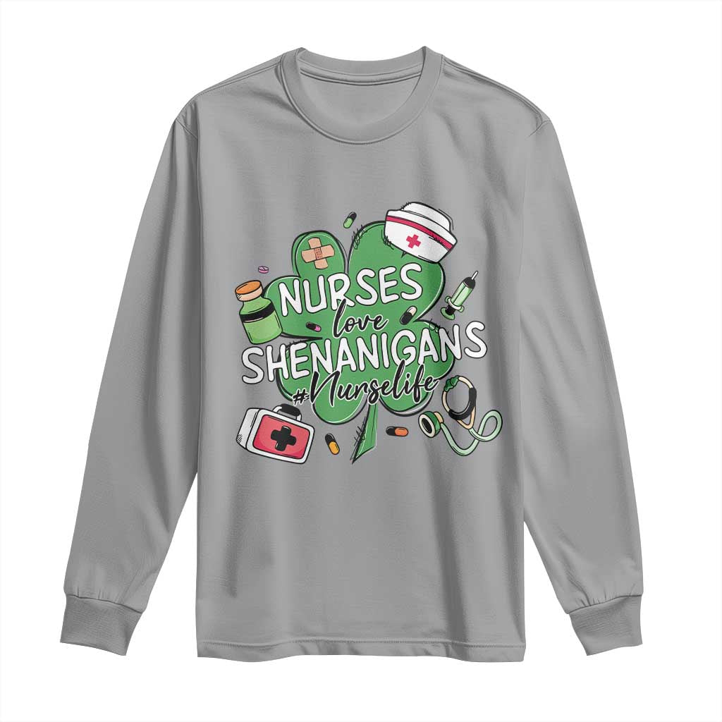 Funny St Patrick's Day Nurse Long Sleeve Shirt Nurses Love Shenanigans Nurse Life Shamrock TS11 Sport Gray Print Your Wear