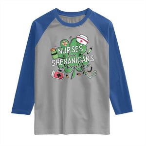 Funny St Patrick's Day Nurse Raglan Shirt Nurses Love Shenanigans Nurse Life Shamrock TS11 Sport Gray Royal Print Your Wear