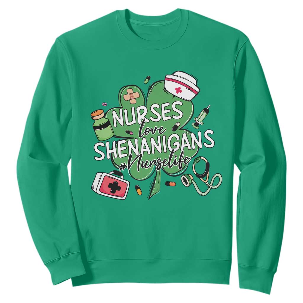 Funny St Patrick's Day Nurse Sweatshirt Nurses Love Shenanigans Nurse Life Shamrock TS11 Irish Green Print Your Wear
