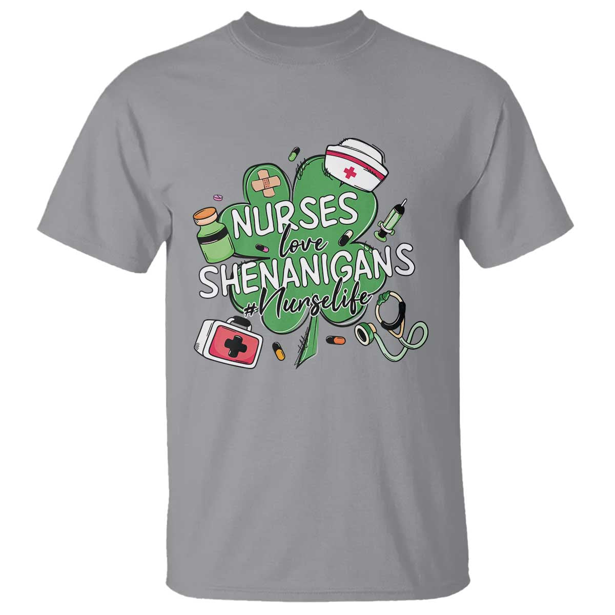 Funny St Patrick's Day Nurse T Shirt Nurses Love Shenanigans Nurse Life Shamrock TS11 Sport Gray Print Your Wear