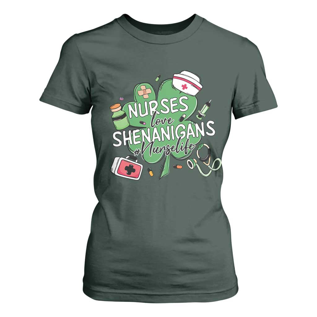 Funny St Patrick's Day Nurse T Shirt For Women Nurses Love Shenanigans Nurse Life Shamrock TS11 Dark Forest Green Print Your Wear