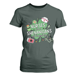 Funny St Patrick's Day Nurse T Shirt For Women Nurses Love Shenanigans Nurse Life Shamrock TS11 Dark Forest Green Print Your Wear