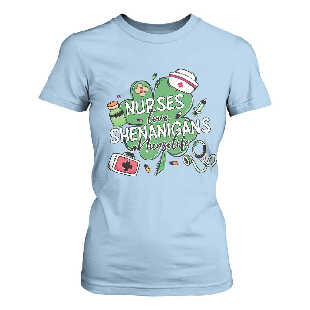 Funny St Patrick's Day Nurse T Shirt For Women Nurses Love Shenanigans Nurse Life Shamrock TS11 Light Blue Print Your Wear