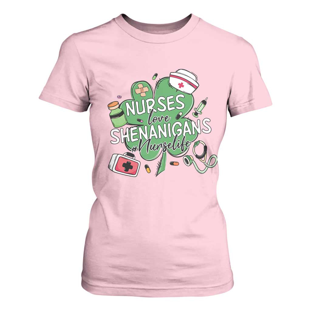 Funny St Patrick's Day Nurse T Shirt For Women Nurses Love Shenanigans Nurse Life Shamrock TS11 Light Pink Print Your Wear