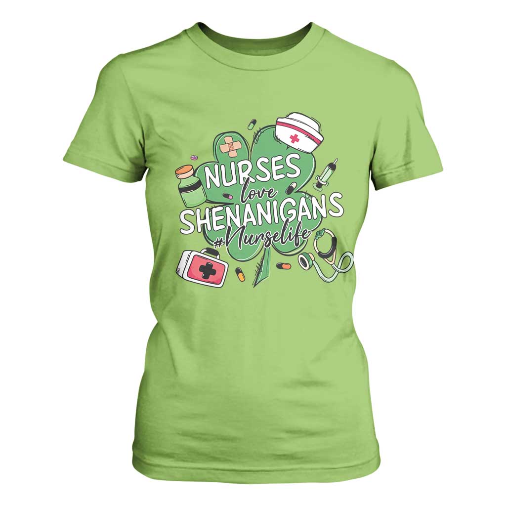 Funny St Patrick's Day Nurse T Shirt For Women Nurses Love Shenanigans Nurse Life Shamrock TS11 Lime Print Your Wear