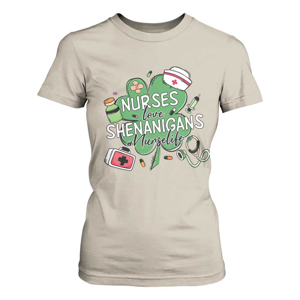 Funny St Patrick's Day Nurse T Shirt For Women Nurses Love Shenanigans Nurse Life Shamrock TS11 Sand Print Your Wear