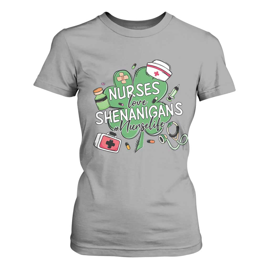 Funny St Patrick's Day Nurse T Shirt For Women Nurses Love Shenanigans Nurse Life Shamrock TS11 Sport Gray Print Your Wear