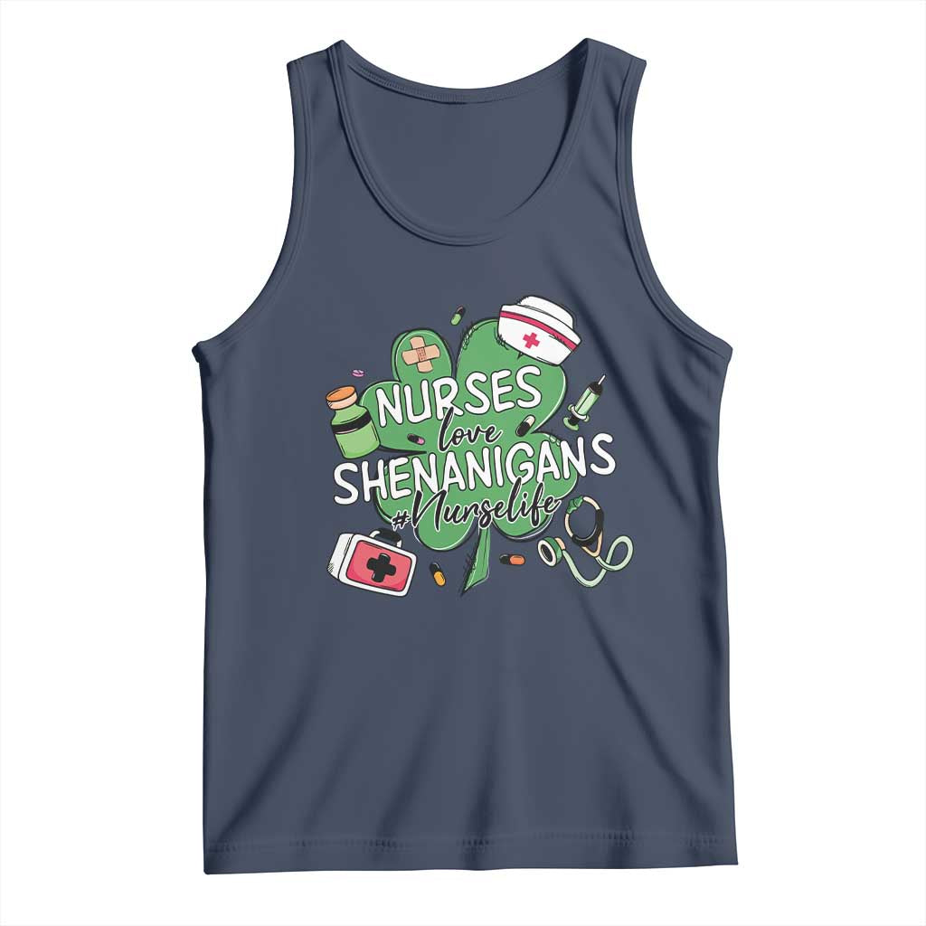 Funny St Patrick's Day Nurse Tank Top Nurses Love Shenanigans Nurse Life Shamrock TS11 Navy Print Your Wear