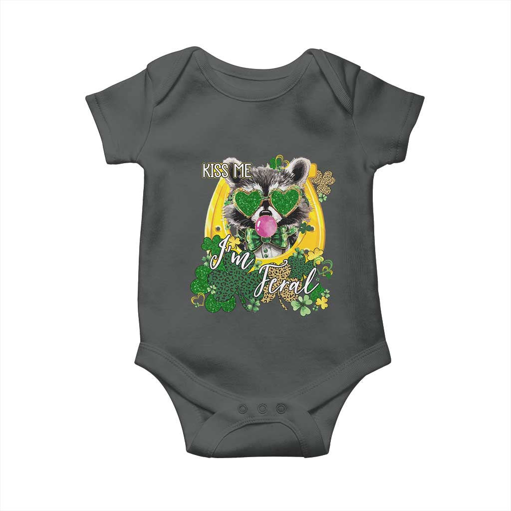 Funny St Patrick's Day Racoon Baby Onesie Kiss Me I'm Feral Horseshoe Shamrock TS11 Dark Heather Print Your Wear