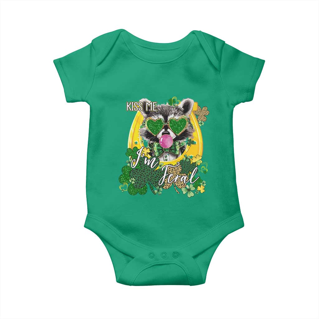Funny St Patrick's Day Racoon Baby Onesie Kiss Me I'm Feral Horseshoe Shamrock TS11 Irish Green Print Your Wear