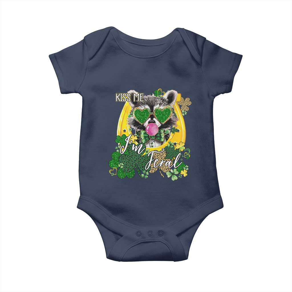 Funny St Patrick's Day Racoon Baby Onesie Kiss Me I'm Feral Horseshoe Shamrock TS11 Navy Print Your Wear