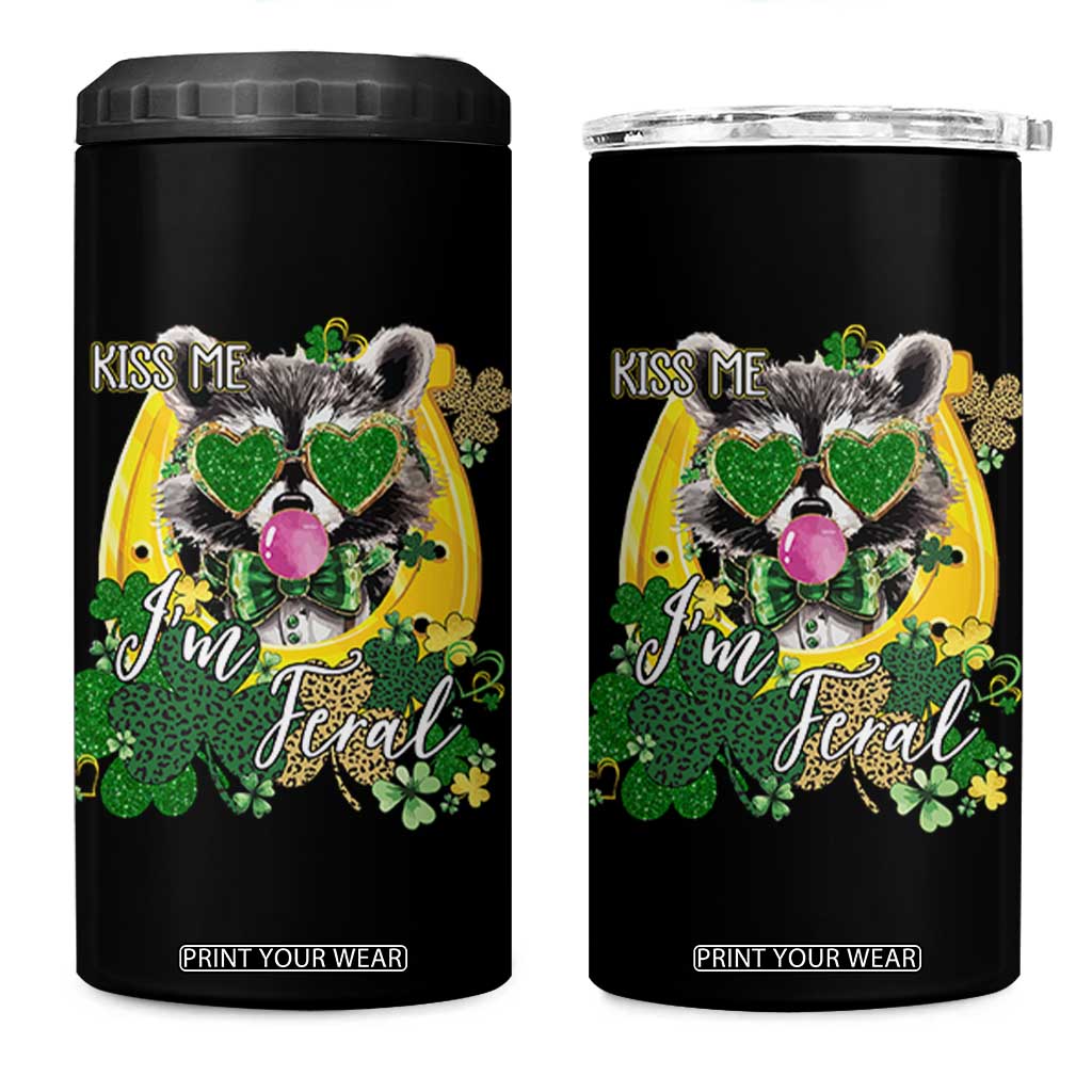 Funny St Patrick's Day Racoon 4 in 1 Can Cooler Tumbler Kiss Me I'm Feral Horseshoe Shamrock TS11 One Size: 16 oz Black Print Your Wear