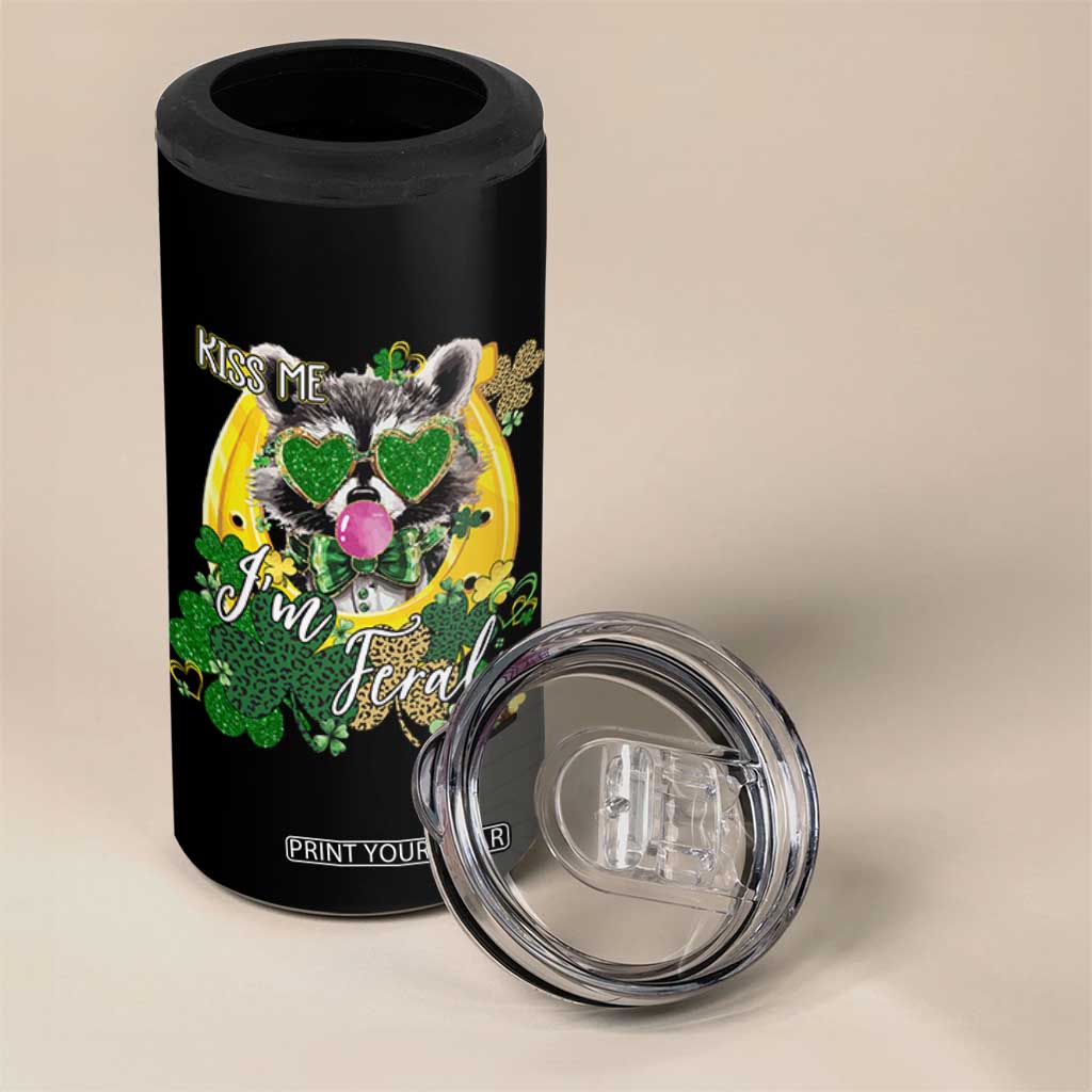 Funny St Patrick's Day Racoon 4 in 1 Can Cooler Tumbler Kiss Me I'm Feral Horseshoe Shamrock TS11 Print Your Wear