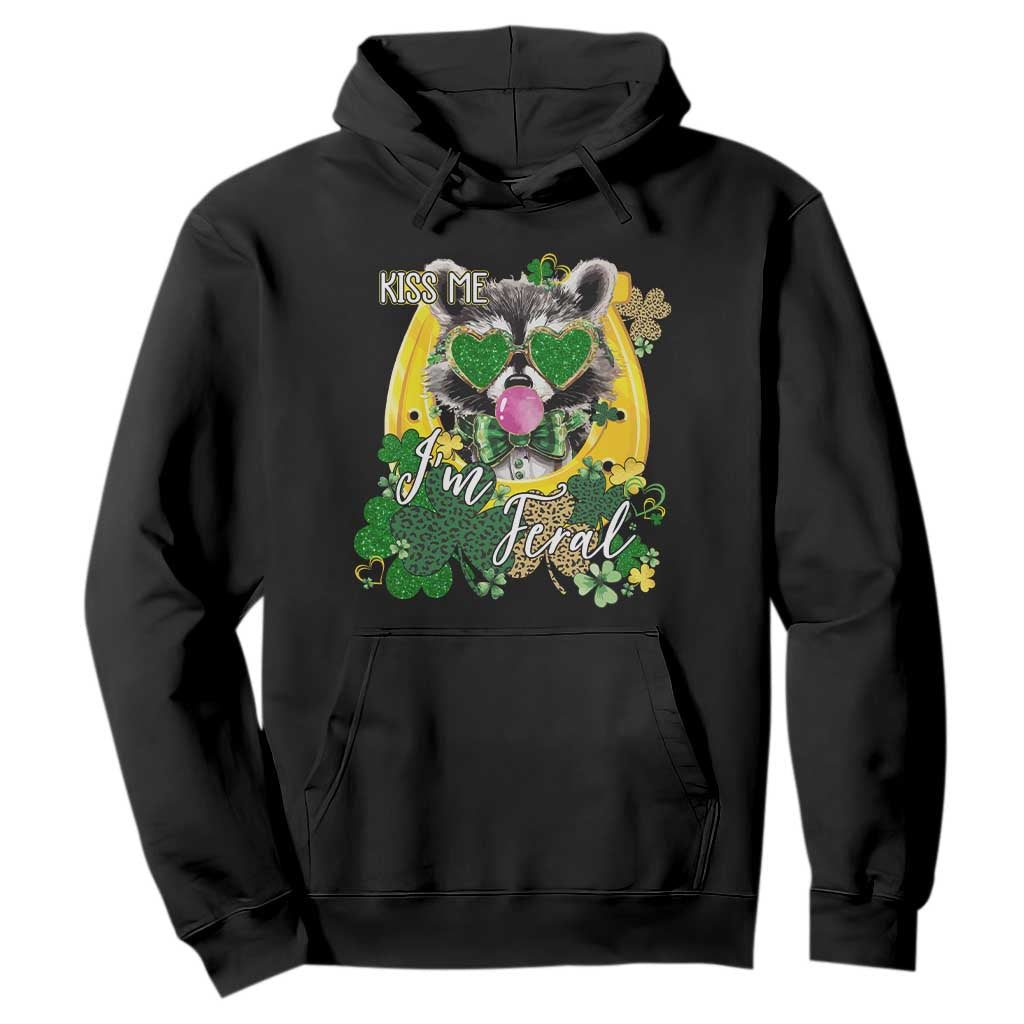 Funny St Patrick's Day Racoon Hoodie Kiss Me I'm Feral Horseshoe Shamrock TS11 Black Print Your Wear