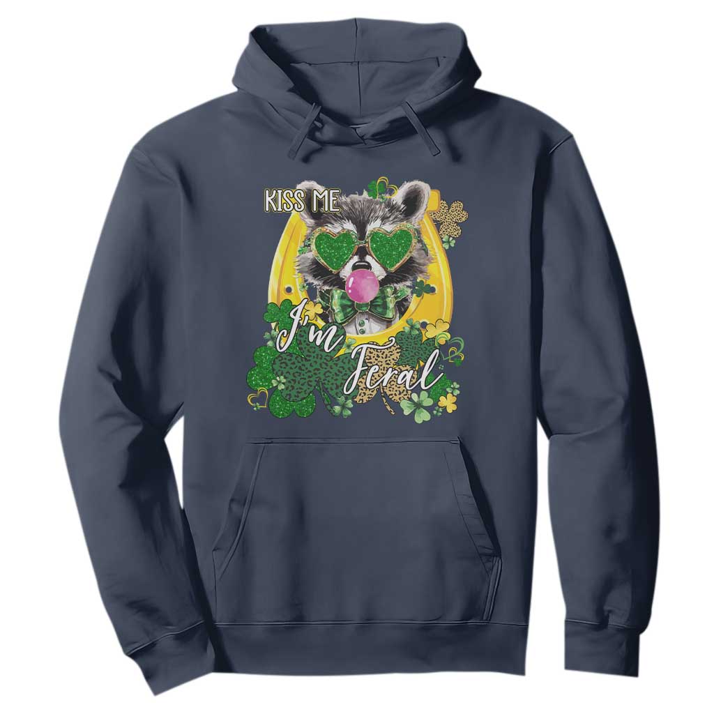 Funny St Patrick's Day Racoon Hoodie Kiss Me I'm Feral Horseshoe Shamrock TS11 Navy Print Your Wear