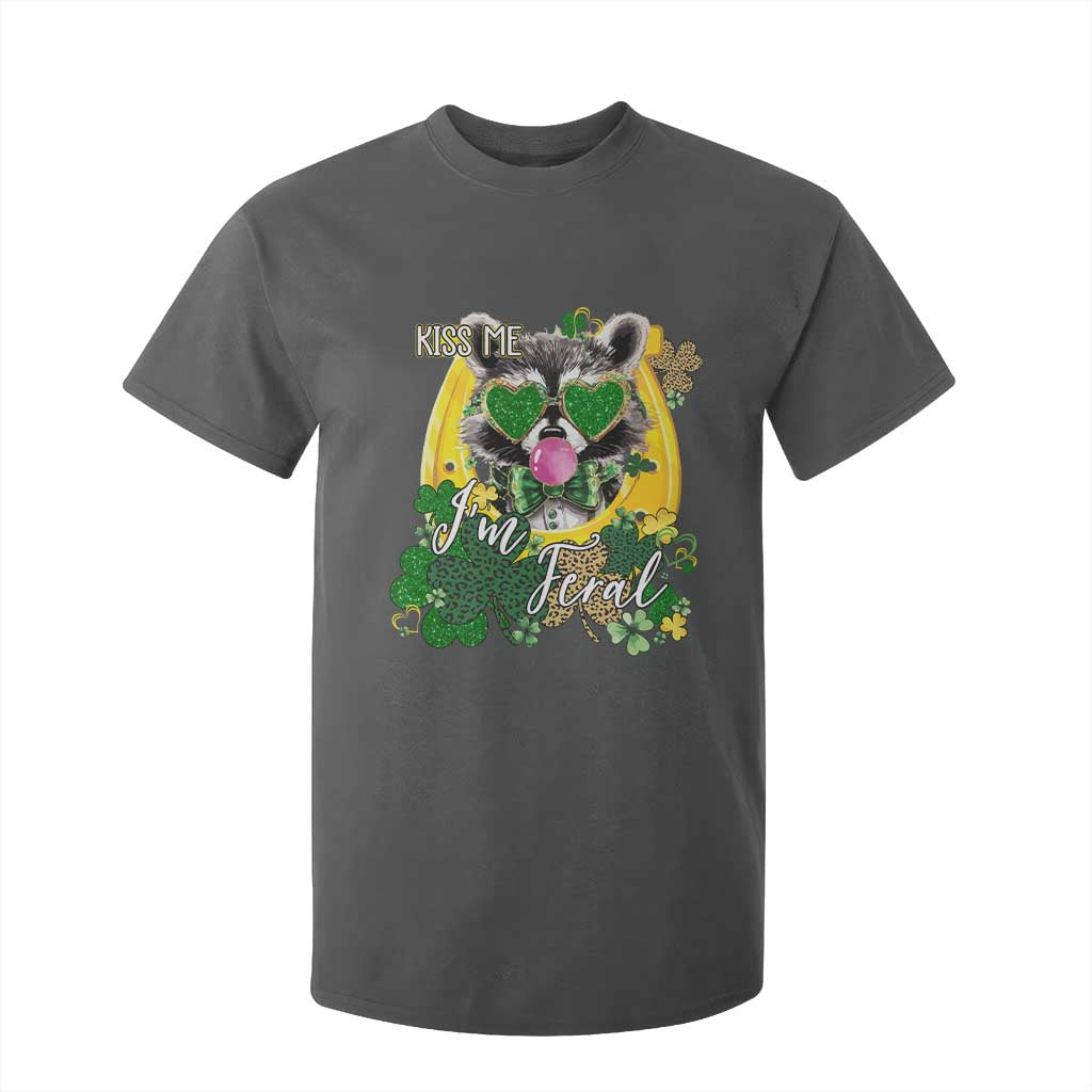 Funny St Patrick's Day Racoon T Shirt For Kid Kiss Me I'm Feral Horseshoe Shamrock TS11 Dark Heather Print Your Wear