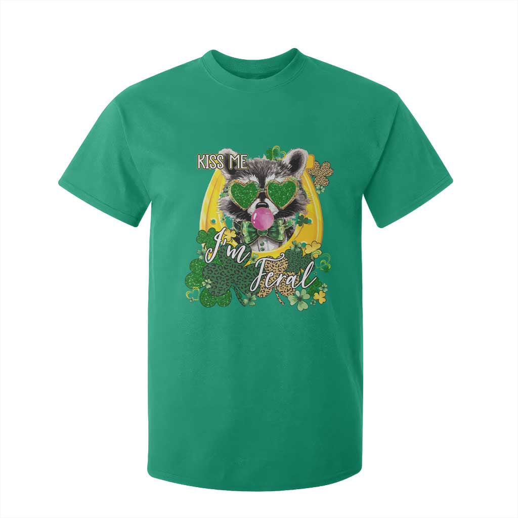 Funny St Patrick's Day Racoon T Shirt For Kid Kiss Me I'm Feral Horseshoe Shamrock TS11 Irish Green Print Your Wear