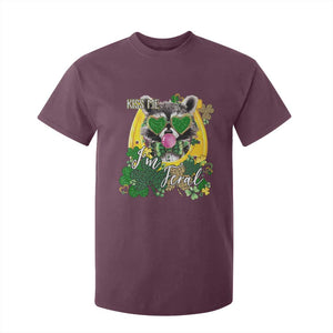 Funny St Patrick's Day Racoon T Shirt For Kid Kiss Me I'm Feral Horseshoe Shamrock TS11 Maroon Print Your Wear