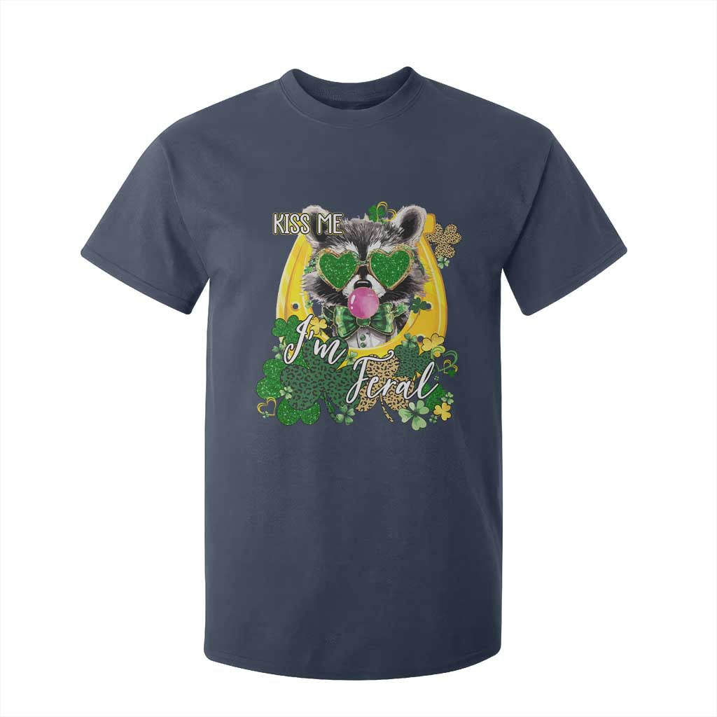 Funny St Patrick's Day Racoon T Shirt For Kid Kiss Me I'm Feral Horseshoe Shamrock TS11 Navy Print Your Wear