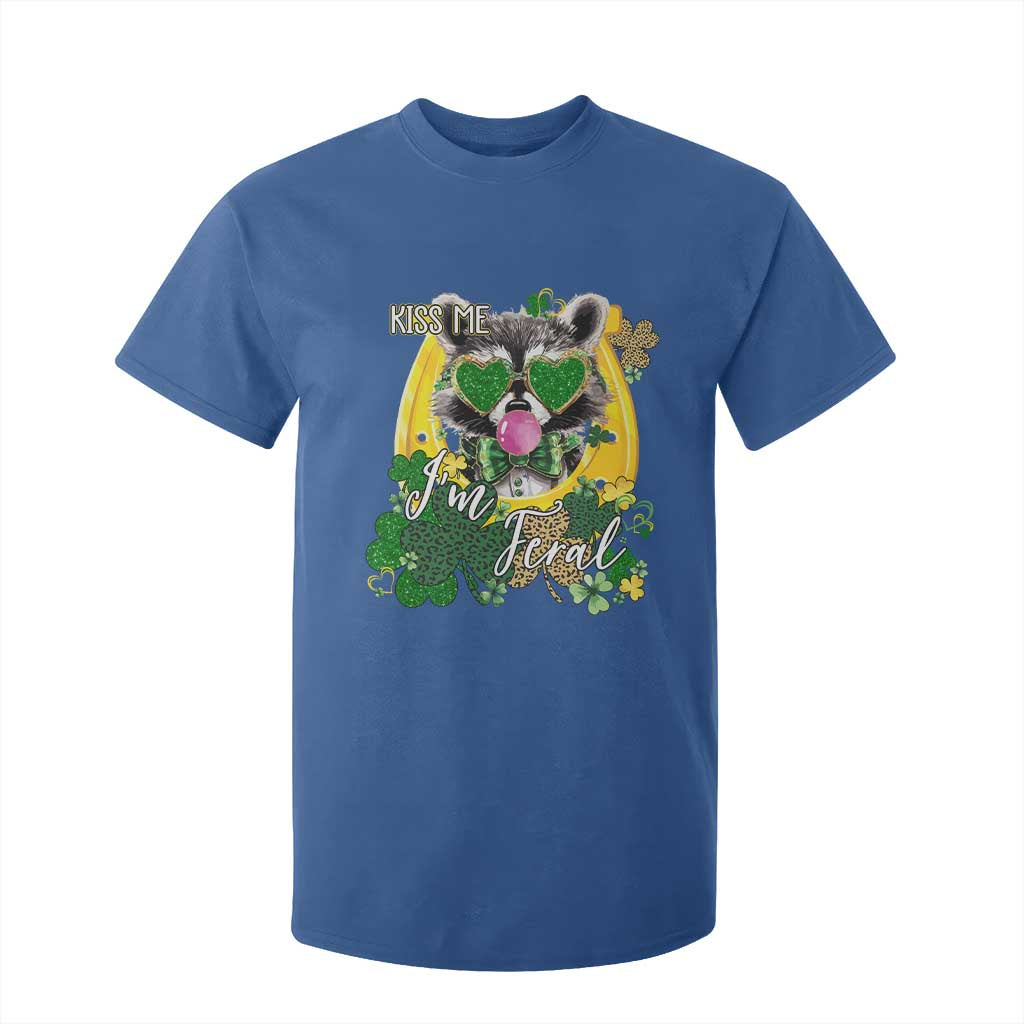 Funny St Patrick's Day Racoon T Shirt For Kid Kiss Me I'm Feral Horseshoe Shamrock TS11 Royal Blue Print Your Wear