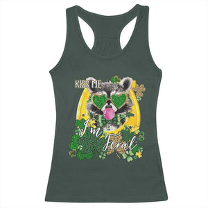 Funny St Patrick's Day Racoon Racerback Tank Top Kiss Me I'm Feral Horseshoe Shamrock TS11 Dark Forest Green Print Your Wear