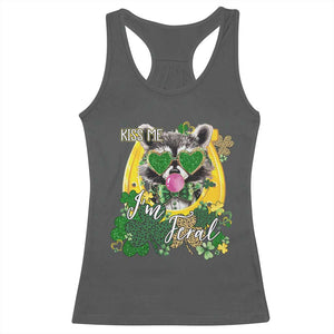 Funny St Patrick's Day Racoon Racerback Tank Top Kiss Me I'm Feral Horseshoe Shamrock TS11 Dark Heather Print Your Wear
