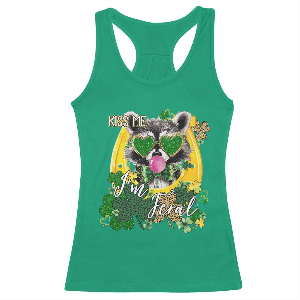 Funny St Patrick's Day Racoon Racerback Tank Top Kiss Me I'm Feral Horseshoe Shamrock TS11 Irish Green Print Your Wear