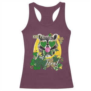Funny St Patrick's Day Racoon Racerback Tank Top Kiss Me I'm Feral Horseshoe Shamrock TS11 Maroon Print Your Wear