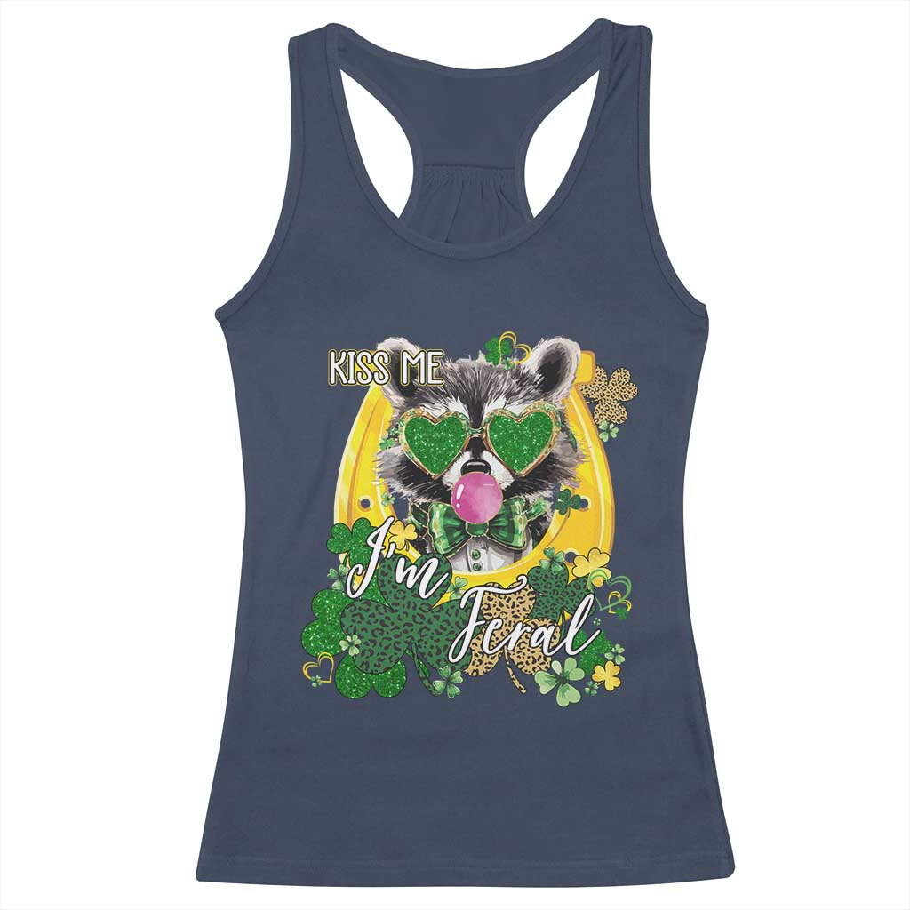 Funny St Patrick's Day Racoon Racerback Tank Top Kiss Me I'm Feral Horseshoe Shamrock TS11 Navy Print Your Wear