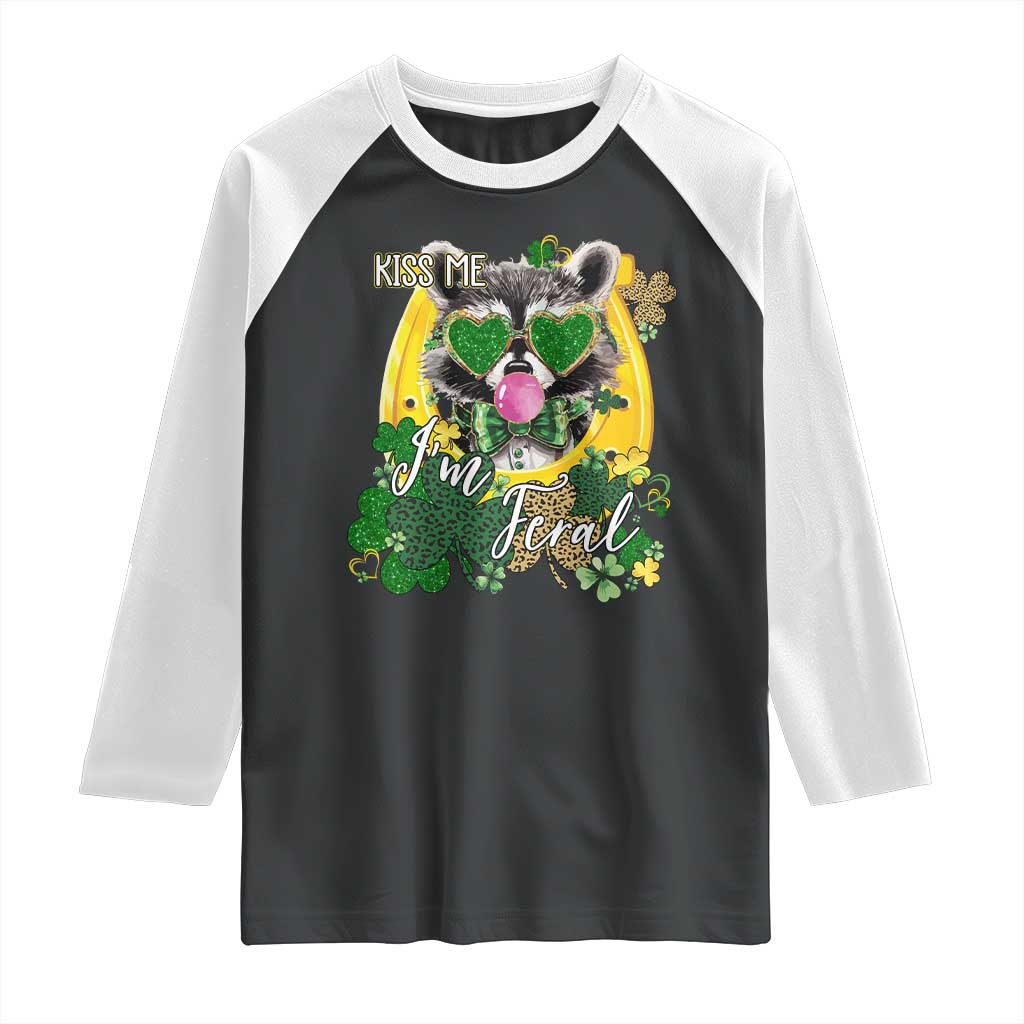 Funny St Patrick's Day Racoon Raglan Shirt Kiss Me I'm Feral Horseshoe Shamrock TS11 Black White Print Your Wear