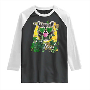 Funny St Patrick's Day Racoon Raglan Shirt Kiss Me I'm Feral Horseshoe Shamrock TS11 Black White Print Your Wear