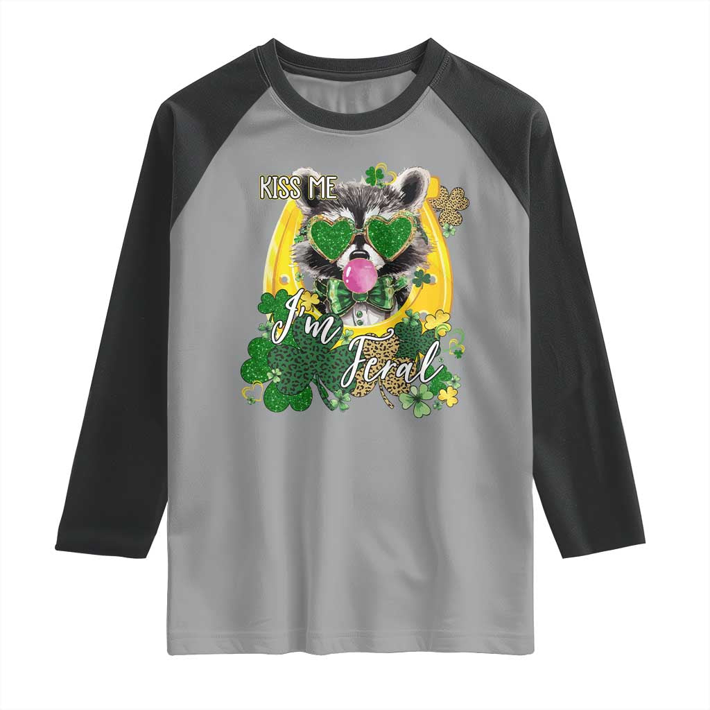 Funny St Patrick's Day Racoon Raglan Shirt Kiss Me I'm Feral Horseshoe Shamrock TS11 Sport Gray Black Print Your Wear