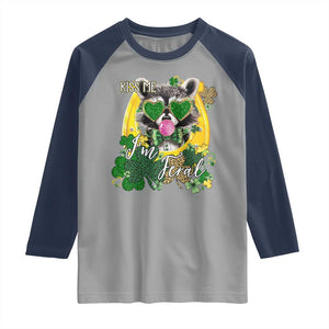 Funny St Patrick's Day Racoon Raglan Shirt Kiss Me I'm Feral Horseshoe Shamrock TS11 Sport Gray Navy Print Your Wear