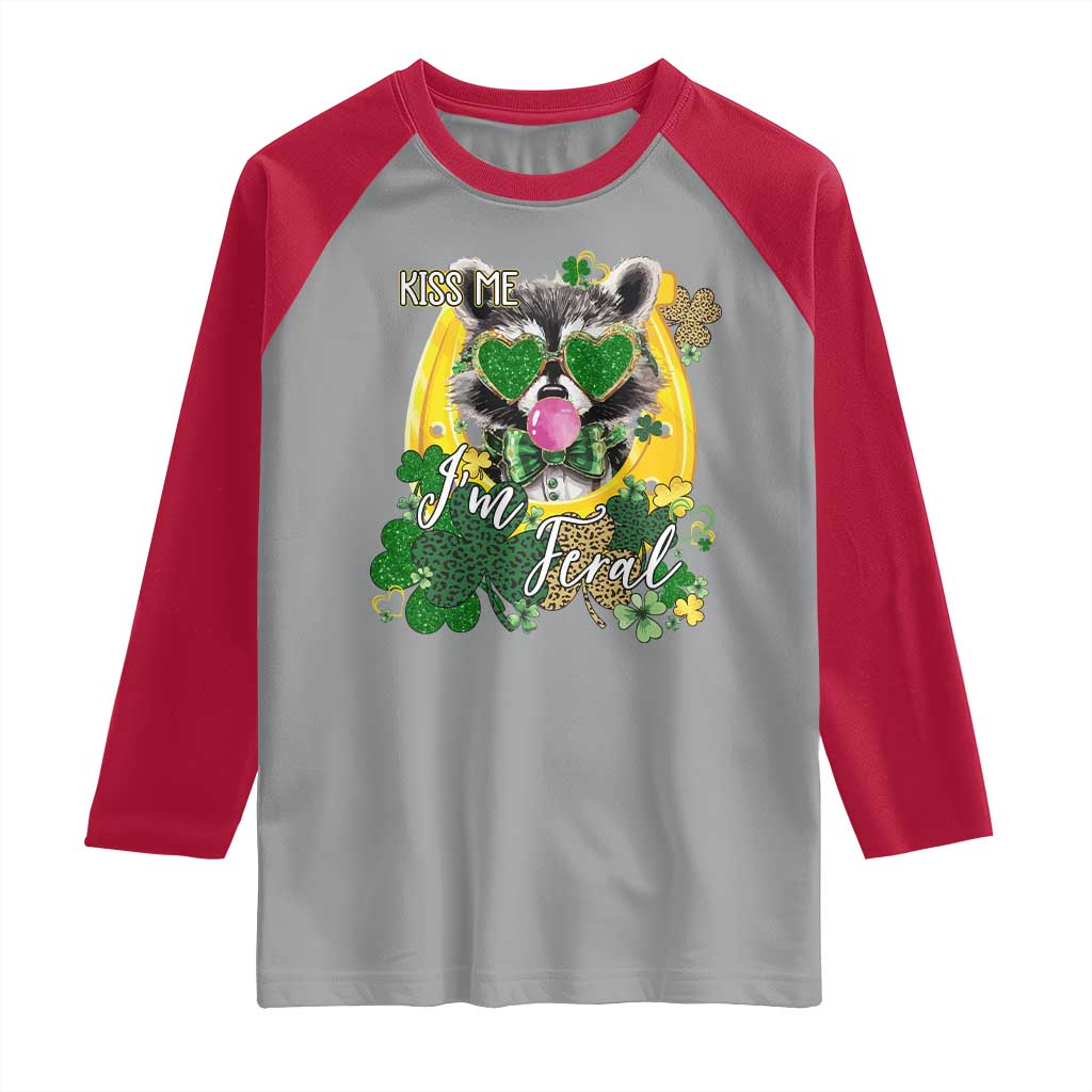 Funny St Patrick's Day Racoon Raglan Shirt Kiss Me I'm Feral Horseshoe Shamrock TS11 Sport Gray Red Print Your Wear