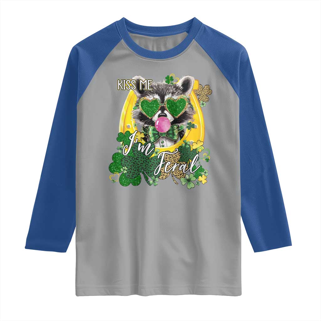Funny St Patrick's Day Racoon Raglan Shirt Kiss Me I'm Feral Horseshoe Shamrock TS11 Sport Gray Royal Print Your Wear