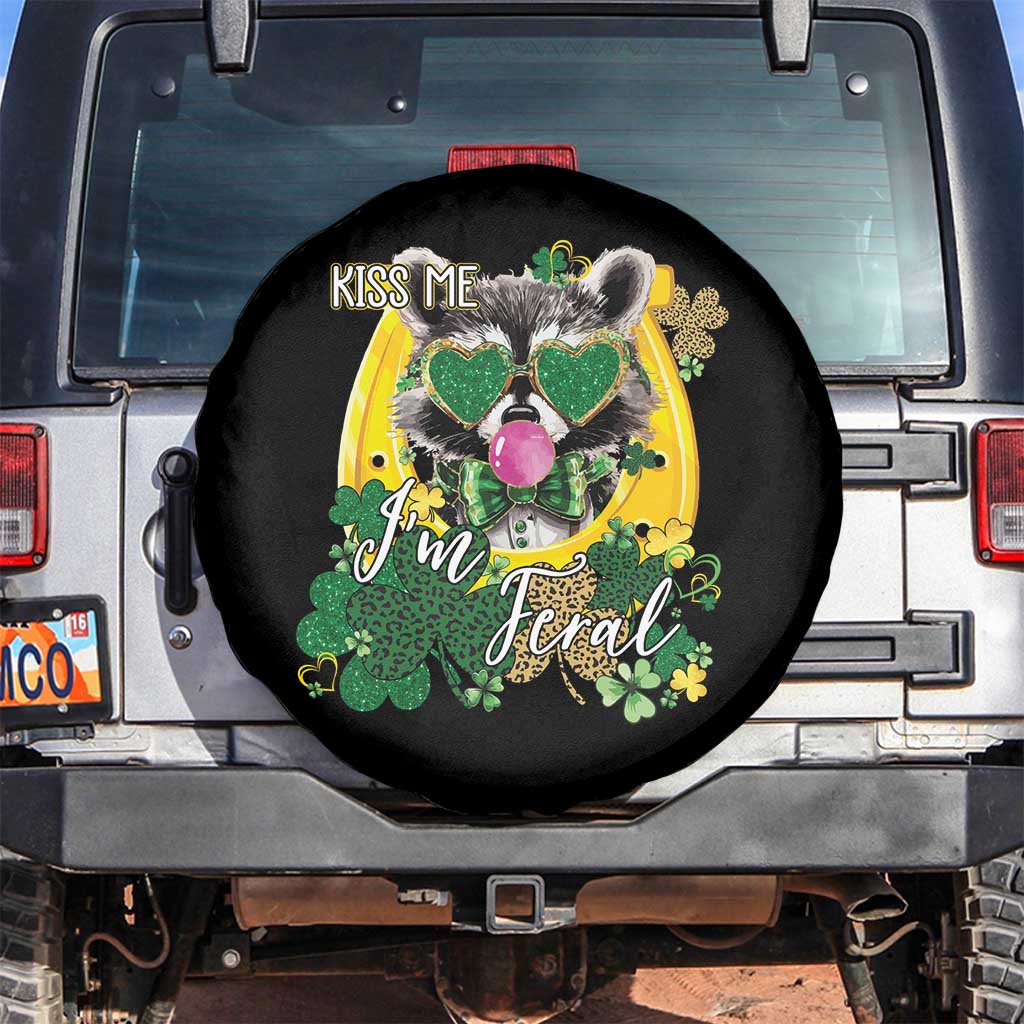 Funny St Patrick's Day Racoon Spare Tire Cover Kiss Me I'm Feral Horseshoe Shamrock TS11 No hole Black Print Your Wear