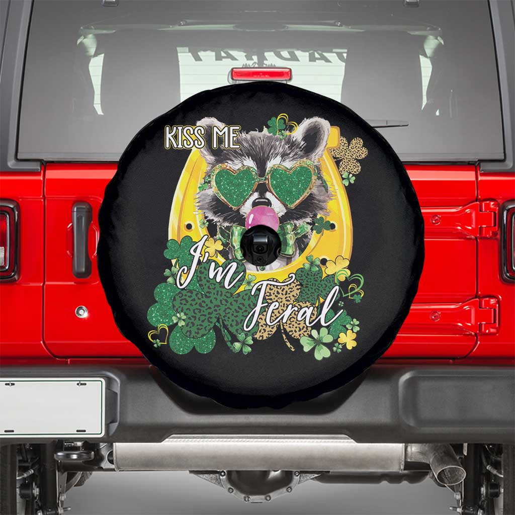 Funny St Patrick's Day Racoon Spare Tire Cover Kiss Me I'm Feral Horseshoe Shamrock TS11 Black Print Your Wear