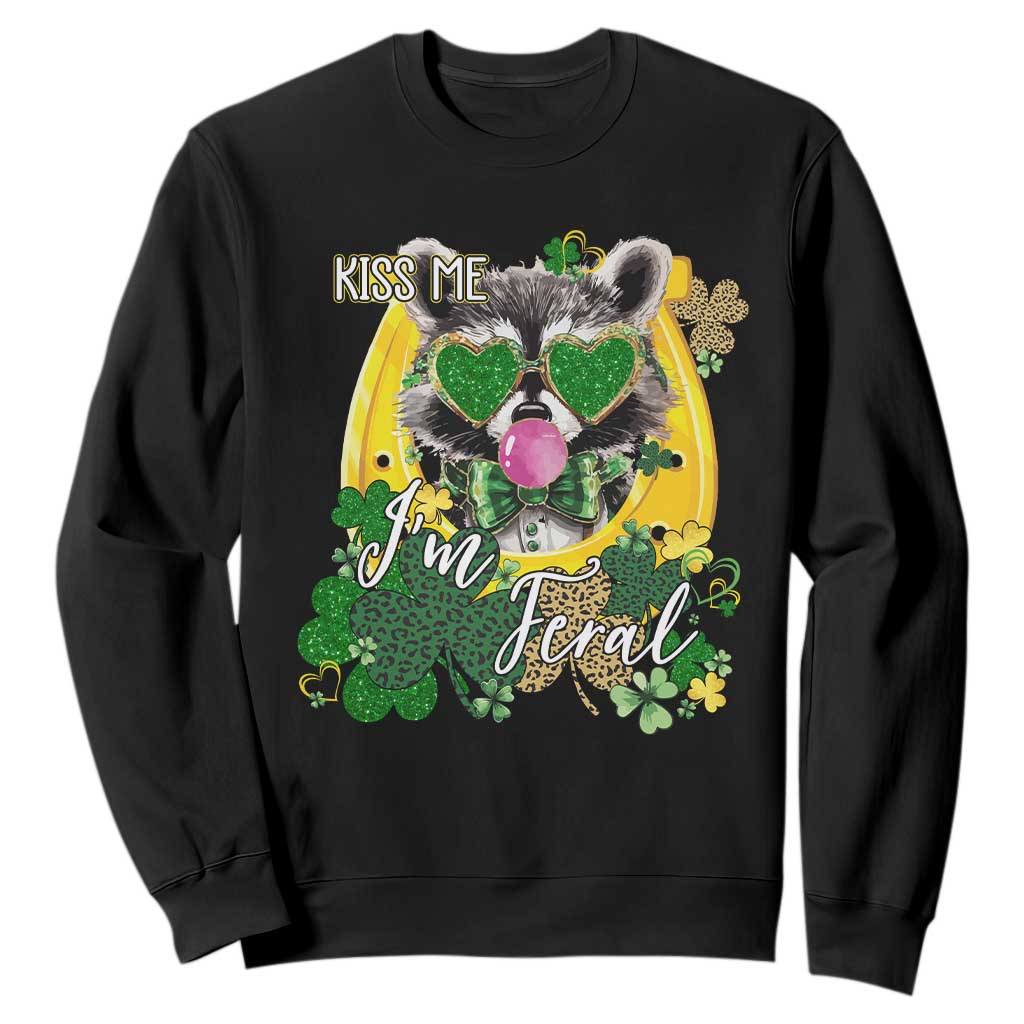 Funny St Patrick's Day Racoon Sweatshirt Kiss Me I'm Feral Horseshoe Shamrock TS11 Black Print Your Wear