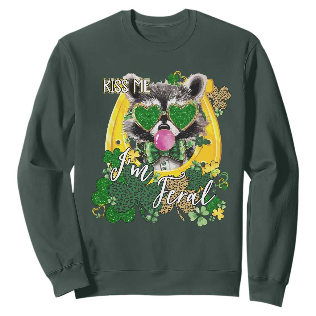 Funny St Patrick's Day Racoon Sweatshirt Kiss Me I'm Feral Horseshoe Shamrock TS11 Dark Forest Green Print Your Wear