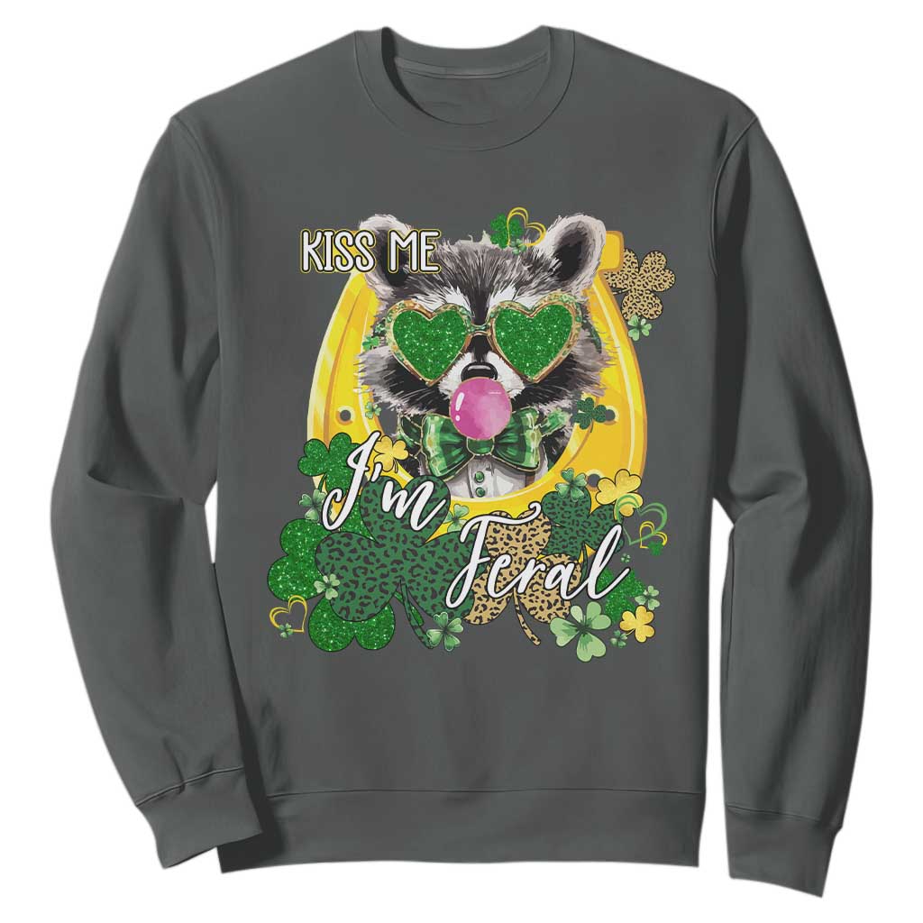 Funny St Patrick's Day Racoon Sweatshirt Kiss Me I'm Feral Horseshoe Shamrock TS11 Dark Heather Print Your Wear