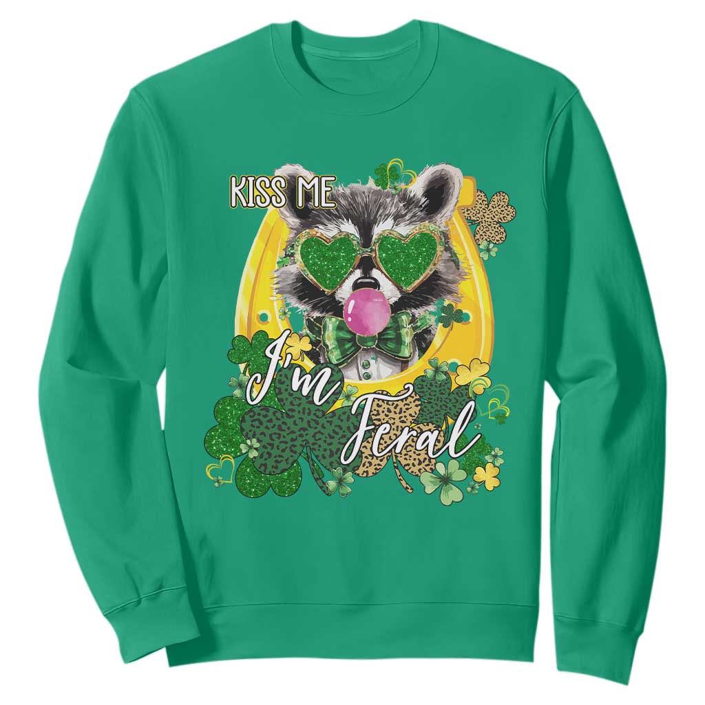 Funny St Patrick's Day Racoon Sweatshirt Kiss Me I'm Feral Horseshoe Shamrock TS11 Irish Green Print Your Wear