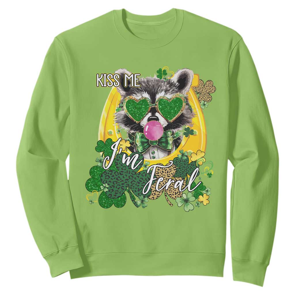 Funny St Patrick's Day Racoon Sweatshirt Kiss Me I'm Feral Horseshoe Shamrock TS11 Lime Print Your Wear