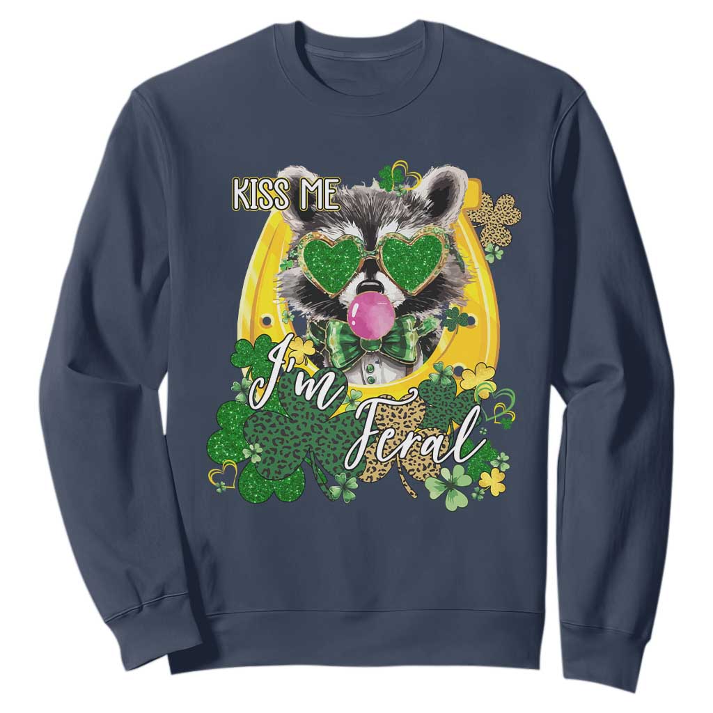 Funny St Patrick's Day Racoon Sweatshirt Kiss Me I'm Feral Horseshoe Shamrock TS11 Navy Print Your Wear