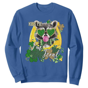 Funny St Patrick's Day Racoon Sweatshirt Kiss Me I'm Feral Horseshoe Shamrock TS11 Royal Blue Print Your Wear