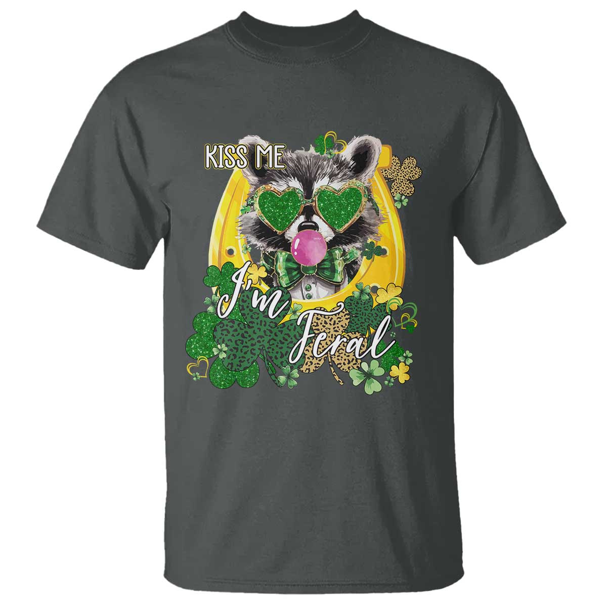 Funny St Patrick's Day Racoon T Shirt Kiss Me I'm Feral Horseshoe Shamrock TS11 Dark Heather Print Your Wear